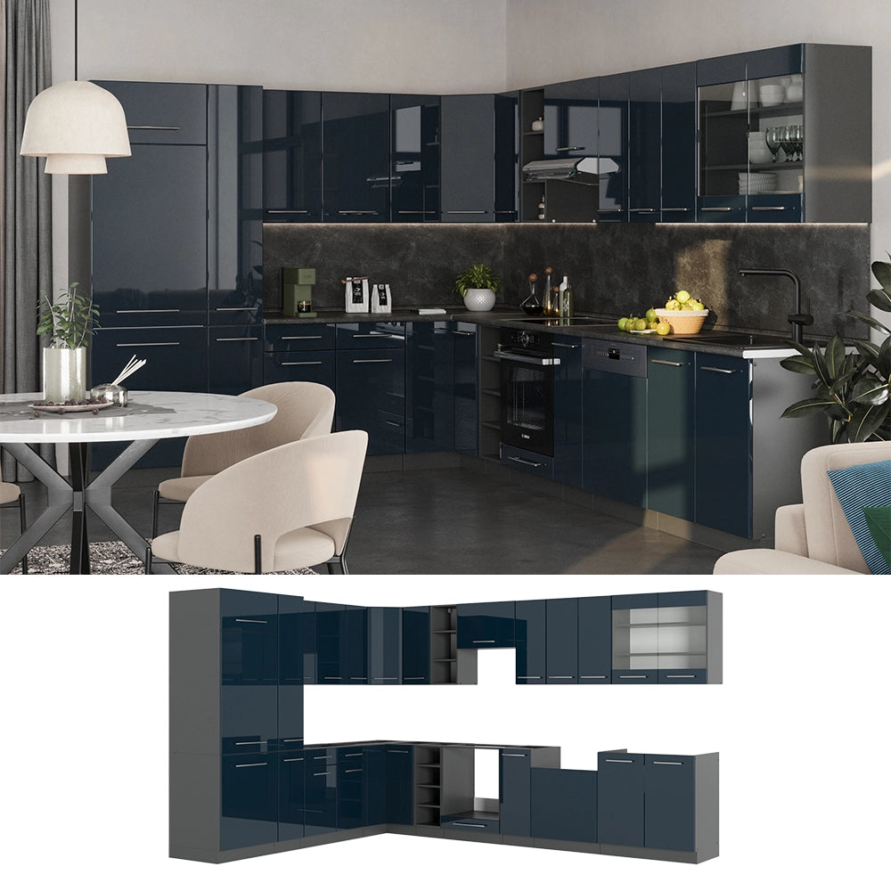 Cucina angolare completa Fame-Line Blu scuro lucido/Antracite 347 x 60 cm, PL Rovere Vicco