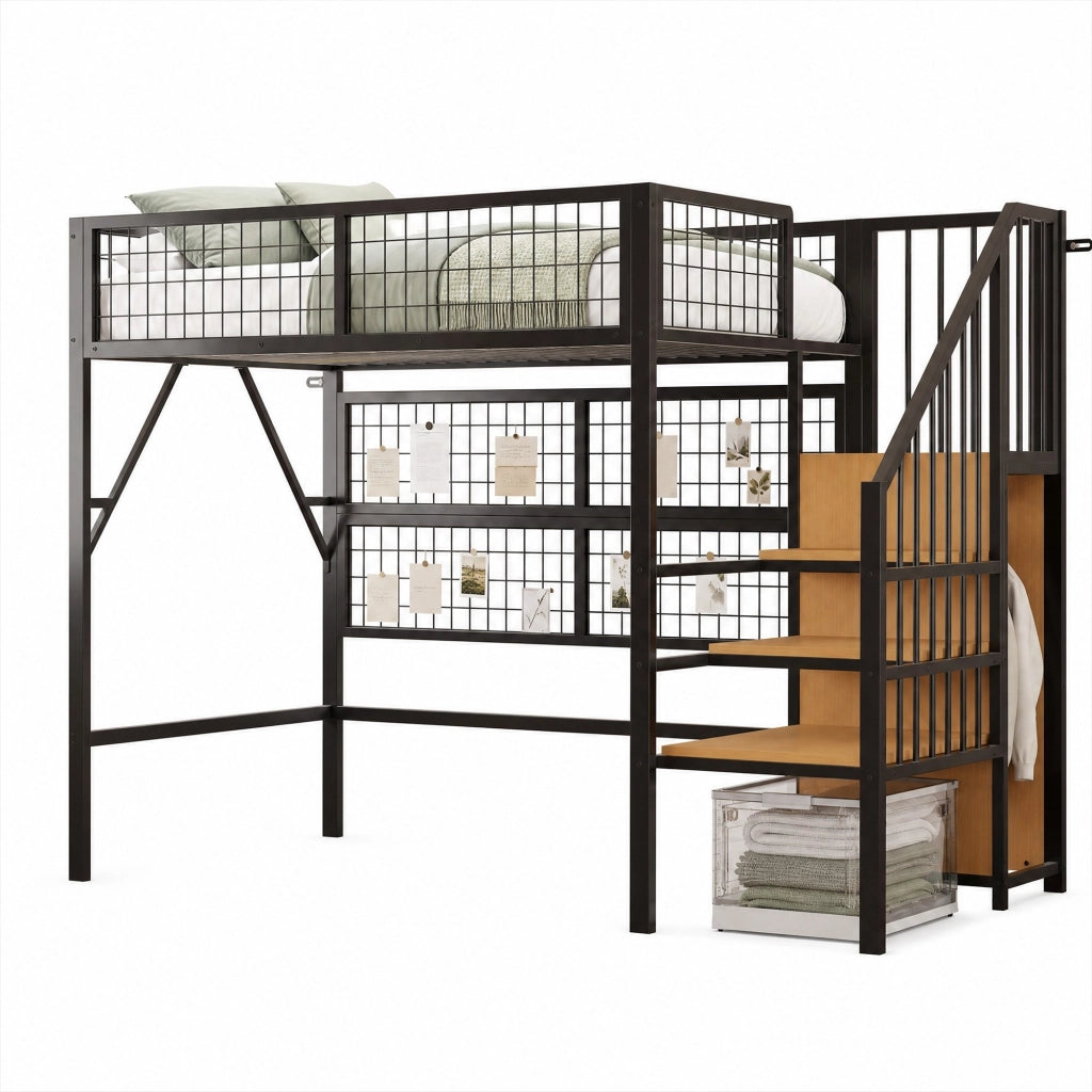 Letto a soppalco in metallo 90x200 cm con LED App; scala con contenitore; nero
