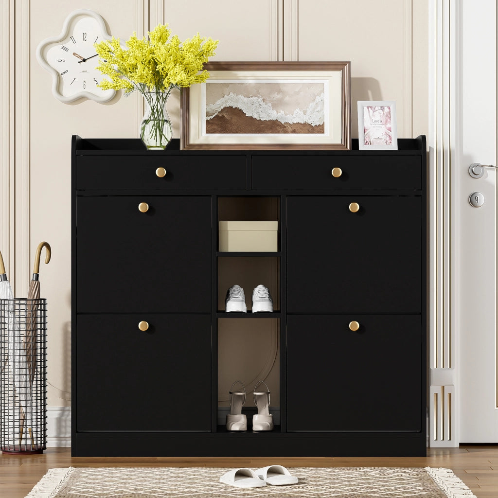 OKWISH Scarpiera con 4 Ante a Ribalta, 2 Cassetti e 3 Vani Aperti, per Ingresso, Pannelli di Particelle, Nero, 110 x 26 x 100 cm