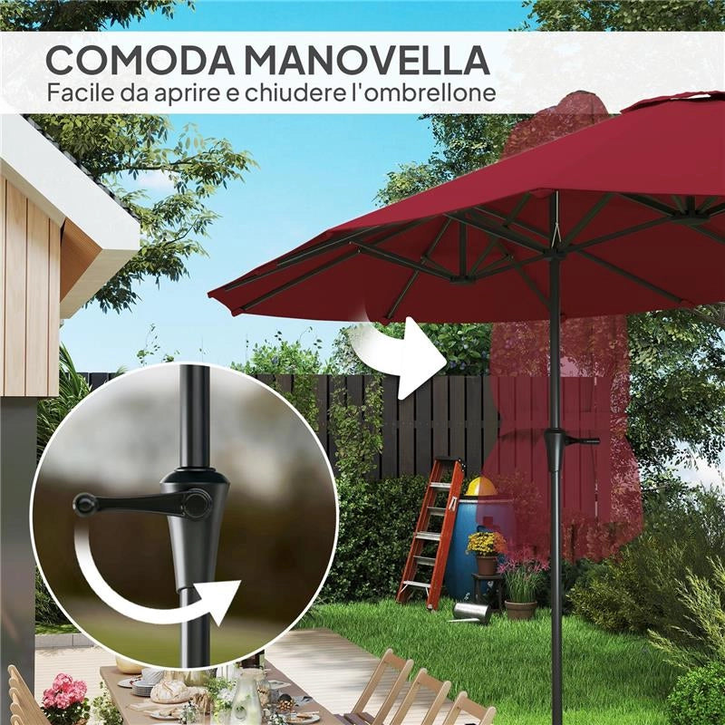 OMBRELLONE DOPPIO CON PRESE D'ARIA E MANOVELLA IN METALLO E POLIESTERE 4X2.2X2.34 M NERO E ROSSO