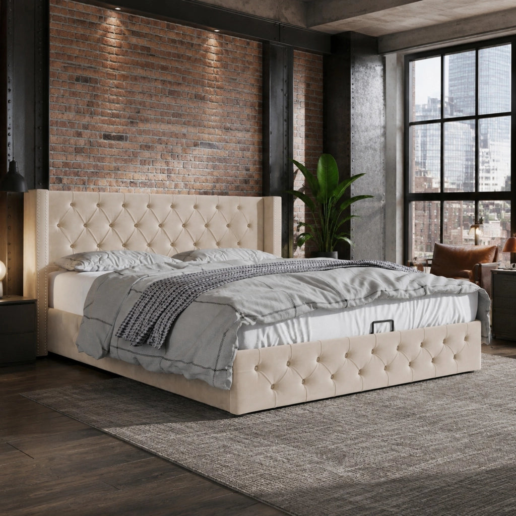 Letto matrimoniale contenitore 160x200 cm in velluto beige stile Chesterfield