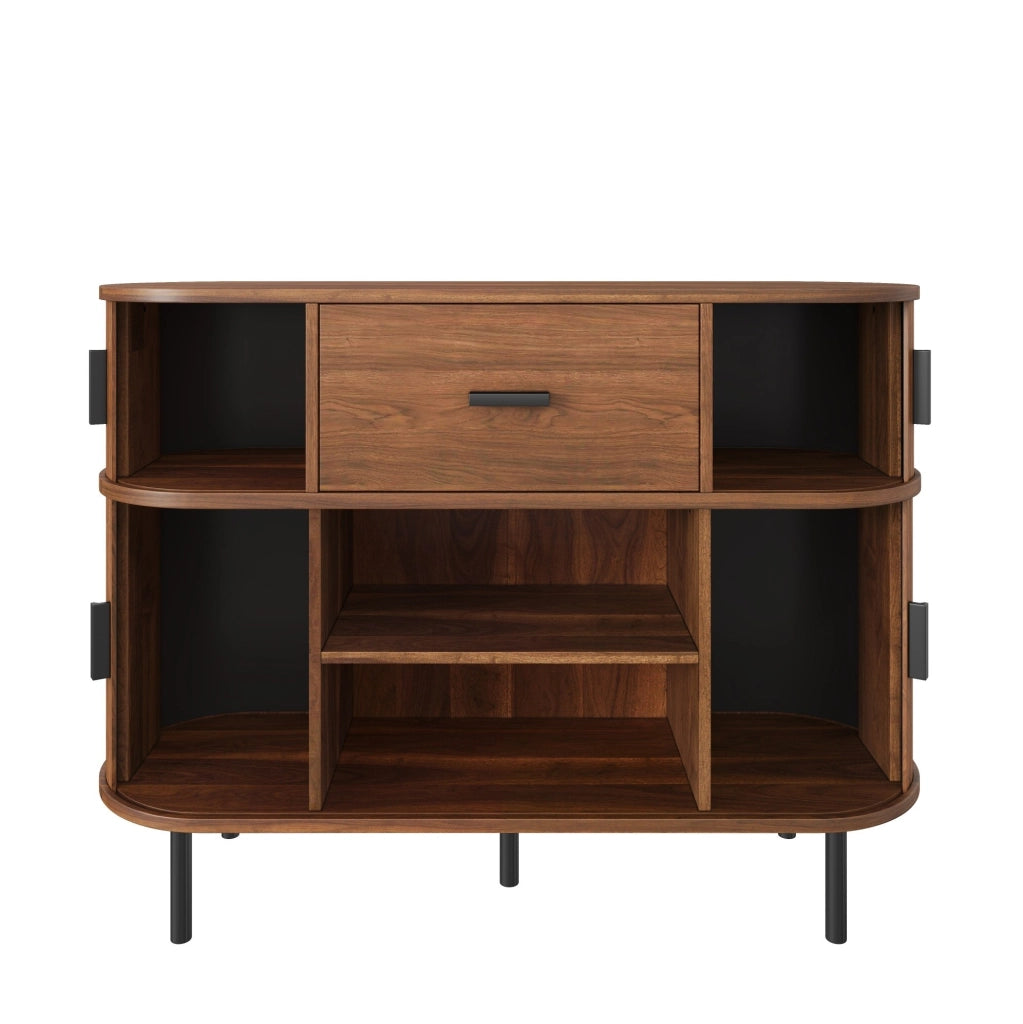 Credenza a 2 livelli con ante scorrevoli e cassetto, noce