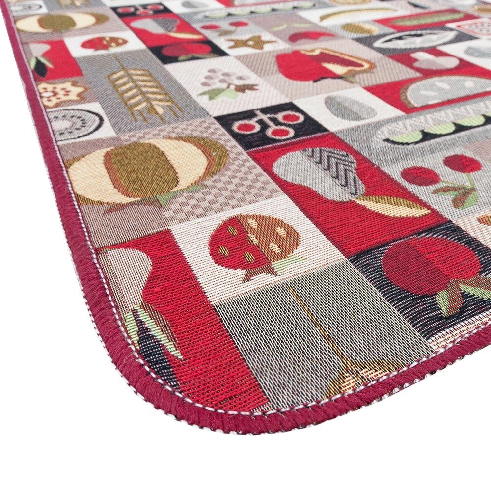 Tappeto Cucina Assorbente Bordato Antiscivolo Frutta e Verdura Passatoia Lavabile 52x140 Cm Bordeaux