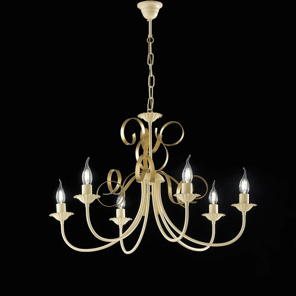 Lampadario Classico 6 Luci Ferro Battuto Avorio E Oro Serie Bandolo