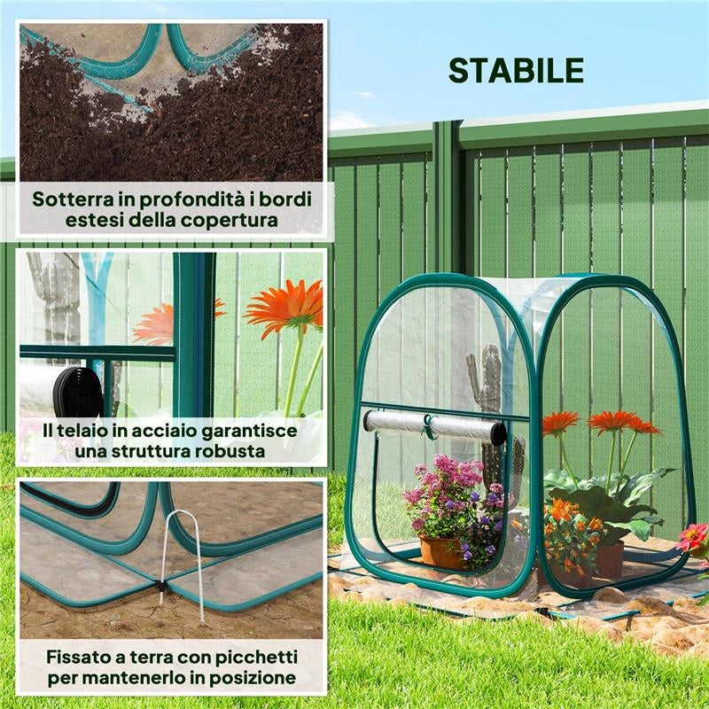 MINI SERRA POP UP CON COPERTURA IN PLASTICA FINESTRA AVVOLGIBILE E BORSA 70X70X80 CM TRASPARENTE