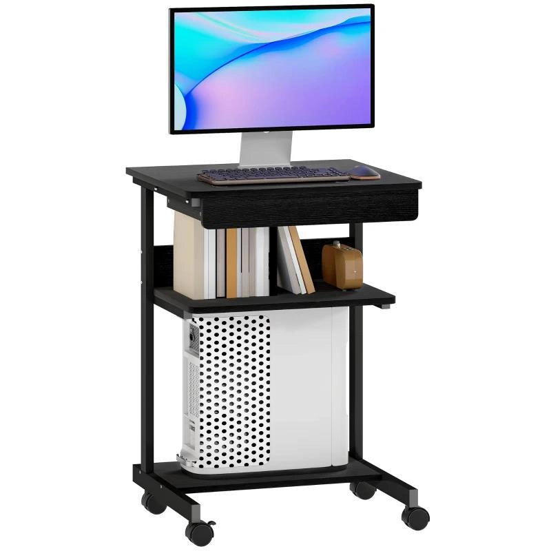 SCRIVANIA PC CON CASSETTO SCORREVOLE, 2 RIPIANI E 4 ROTELLE, IN LEGNO E METALLO, 56X51X79 CM, NERO