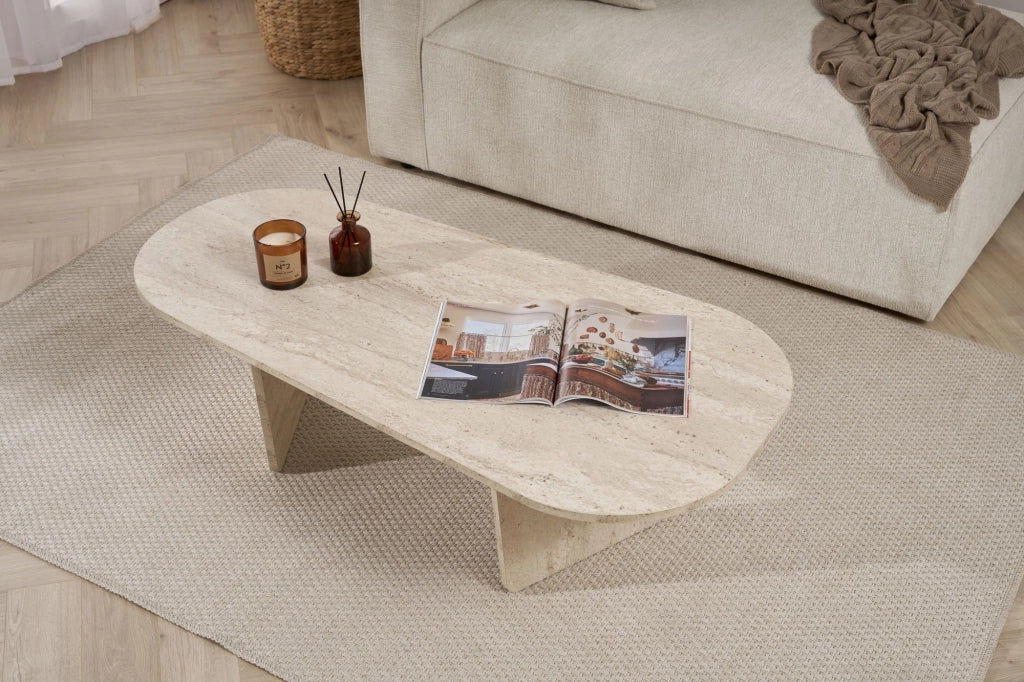 Dozza, Tavolino da Salotto Forma Ovale, 130x65x40h cm Bianco Marmo