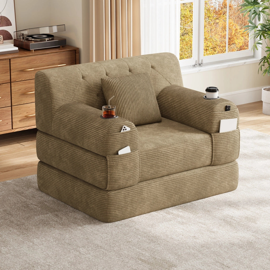 Poltrona letto 1 posto 107x162 cm in velluto a coste con portabevande; kaki