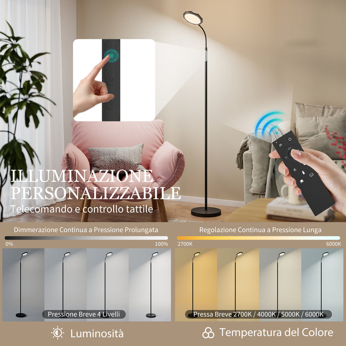 Lampada da Terra LED 22x166 cm con Telecomando Regolazione Luminosità e Temperatura in Acciaio Nero