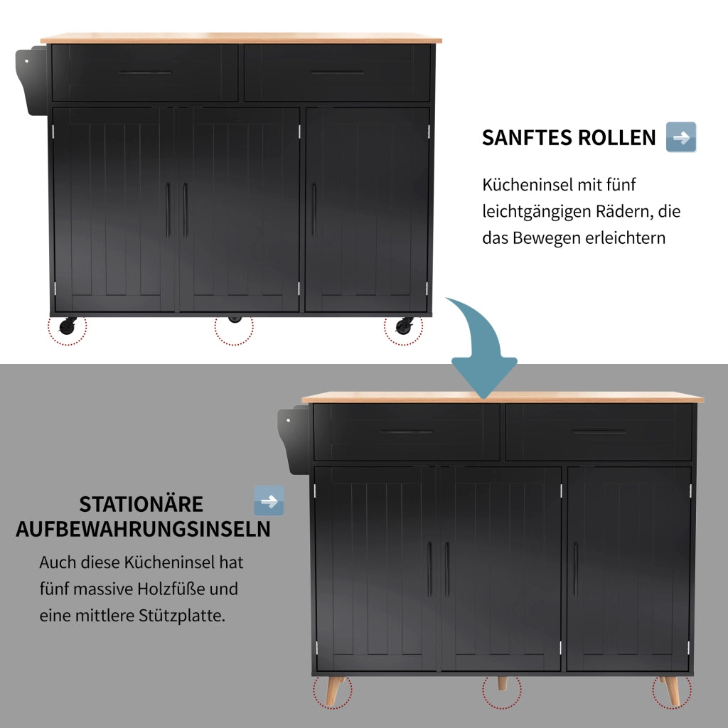 CARRELLO CUCINA Con piano pieghevole 129x71x91,5 cm MDF Nero/Naturale