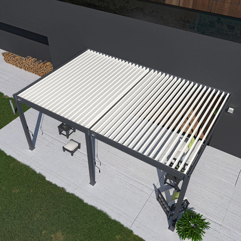 Pergola bioclimatica Ombréa addossata VS - 4x6M bicolore + 2 tende bianche