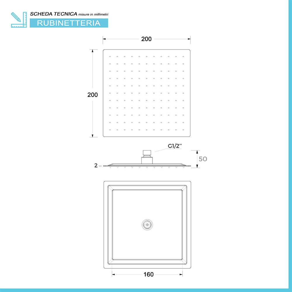 Set doccia in ottone con braccio verticale e soffione quadrato 20x20 cm cromo