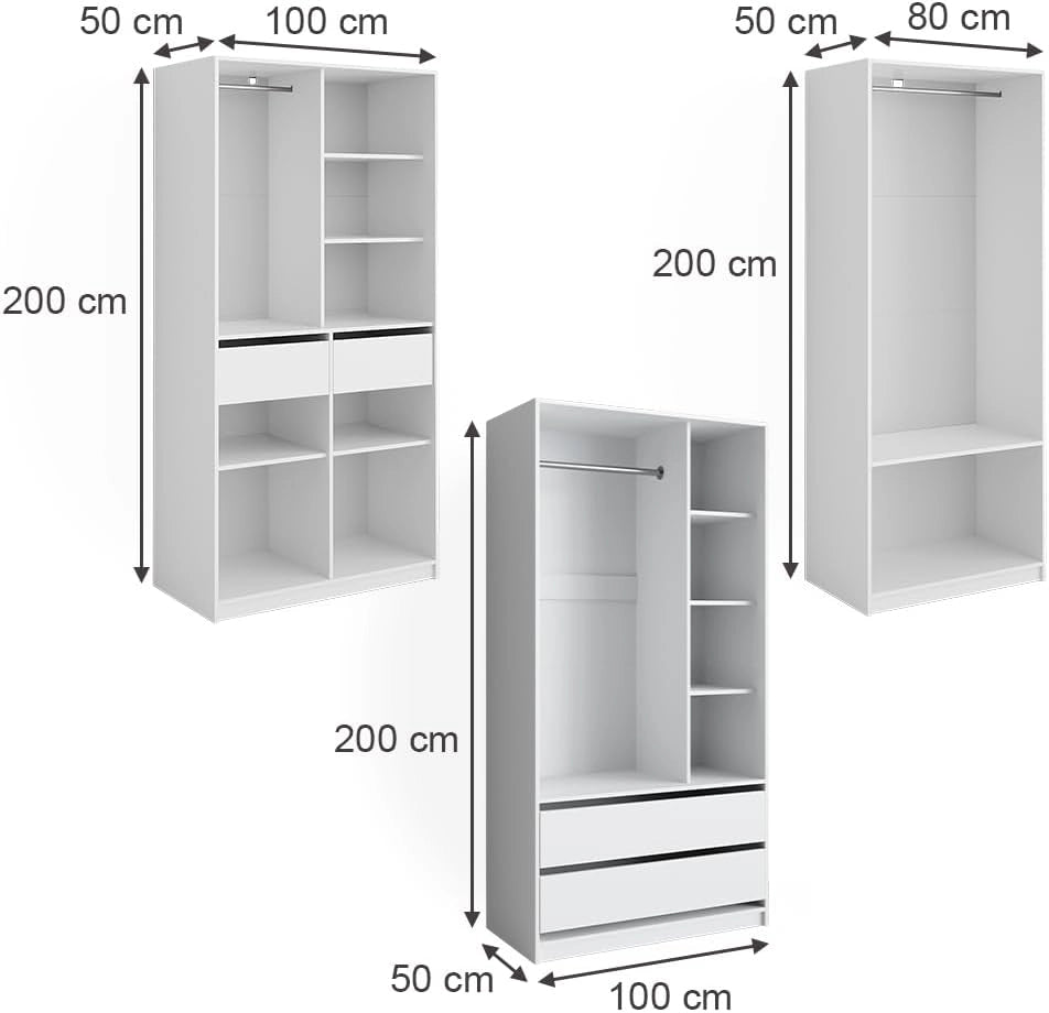 Armadio Elmo, Bianco, 280 x 200 cm Set di 3, per una conservazione flessibile di diversi capi di abbigliamento
