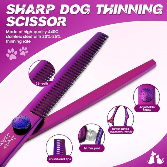 Set di forbici da gatto e cane professionale 6 in 1 con forbici sottili, rettilinee, con curvatura verso il basso e pettine per animali domestici