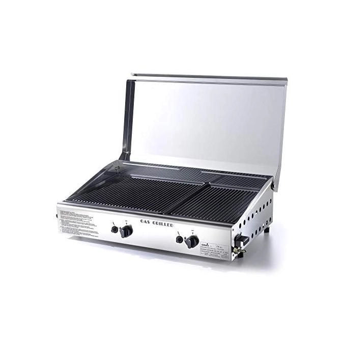 Ompagrill 31332 Plancha Double Piastra di Cottura Doppia a Gas in Ghisa Vetrificata 40x43 cm e 40x28 cm Acciaio Inox con Coperchio e Kit Metano colore Acciaio Inox
