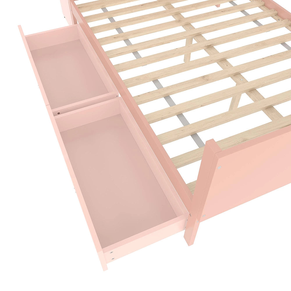 Letto-Xylo-140x200 cm-con scrivania, 2 cassetti, scaffali, pino, rosa