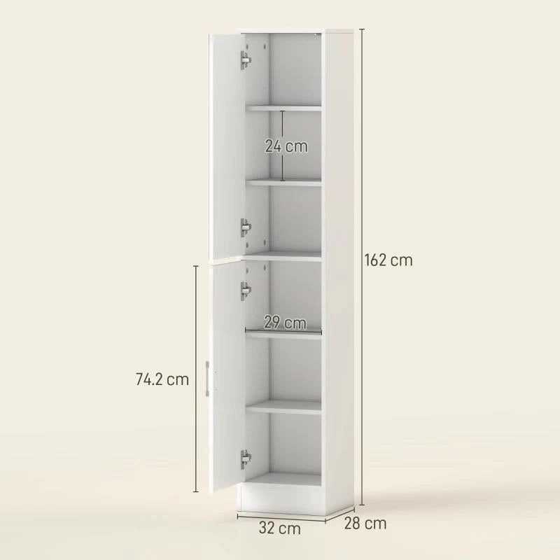 MOBILE COLONNA BAGNO IN LEGNO A 5 RIPIANI CON ANTA A SPECCHIO APRIBILE, 32X28X162 CM, BIANCO