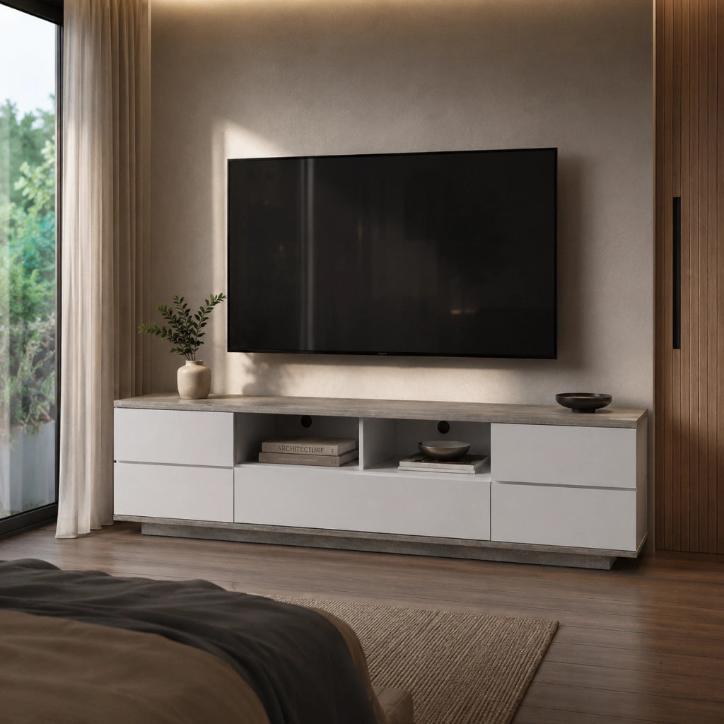 Mobile Tv Salotto Moderno Con 4 Ante 1 Anta A Ribalta 2 Vani A Giorno Con Passacavi Per Soggiorno Living Design In MDF Resistente 180 X 38 X 46 Cm Bianco E Grigio Cemento
