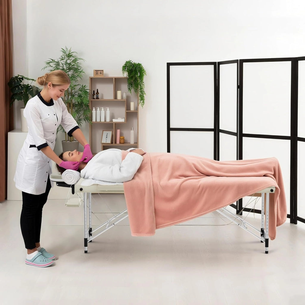 Lettino massaggiante pieghevole a 3 zone, altezza regolabile con braccioli, cuscino viso e custodia, in alluminio, colore: beige