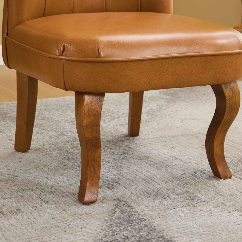 Sedia da pranzo in pelle con gambe in legno e bottoni decorativi - marrone chiaro