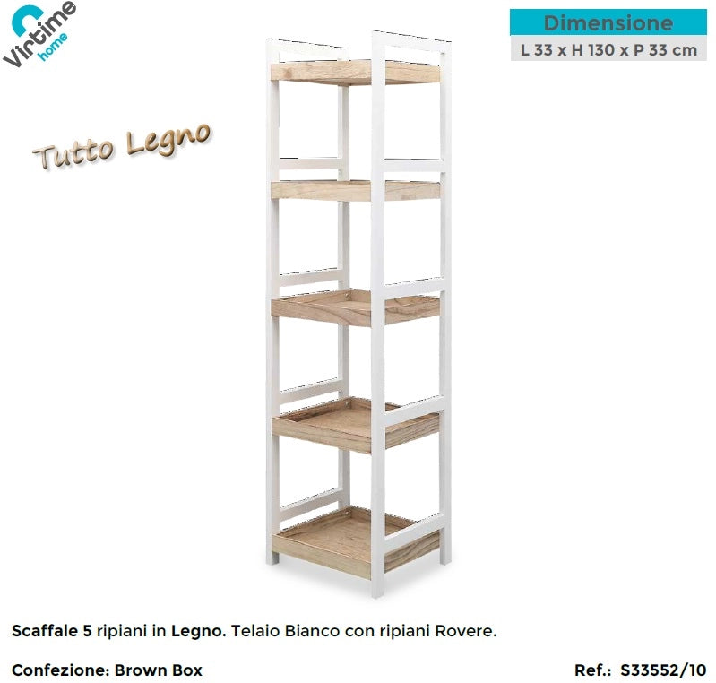 Scaffale in Legno Multiuso 5 Ripiani Bianco Rovere 33 x 130 x 33 cm