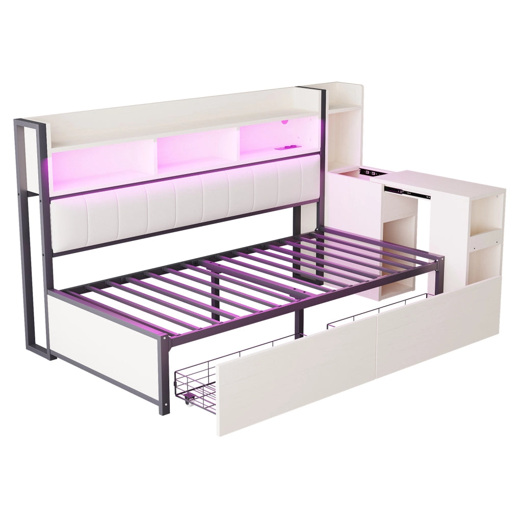 Letto 90x200 cm con scrivania estraibile e vani contenitore in metallo e legno