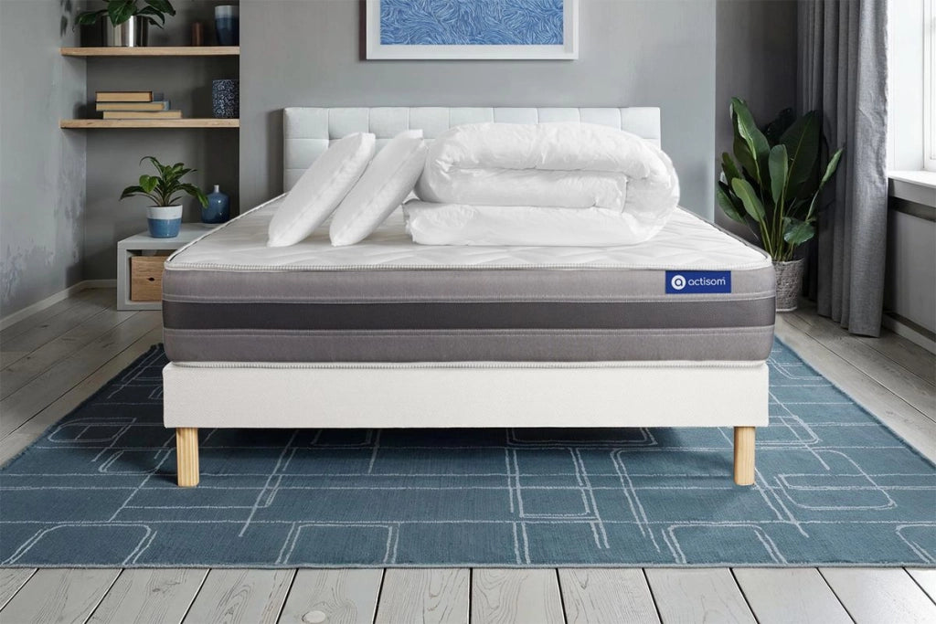 Pacchetto letto completo - Materasso 140x200cm + Box spring con doghe (kit) + 2 cuscini + Piumino - Actimemo Relax