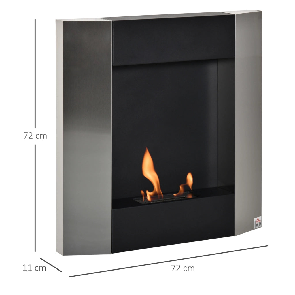 Camino Bioetanolo da Parete con Serbatoio da 0.7L e Copertura 20m2, Acciaio, 72x11x72cm, Argento e Nero
