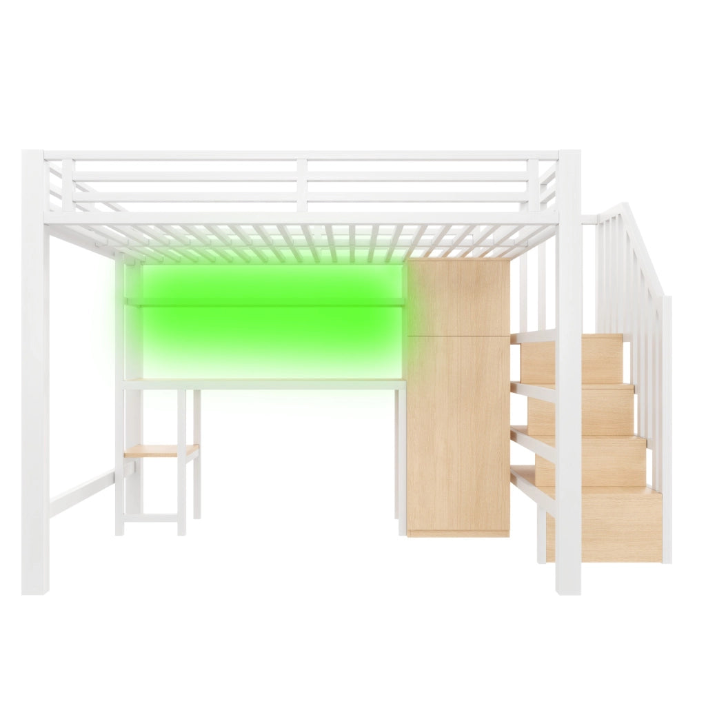 Letto a soppalco 140 × 200 cm con scrivania, armadio, scala contenitore e LED, senza materasso, in metallo, bianco