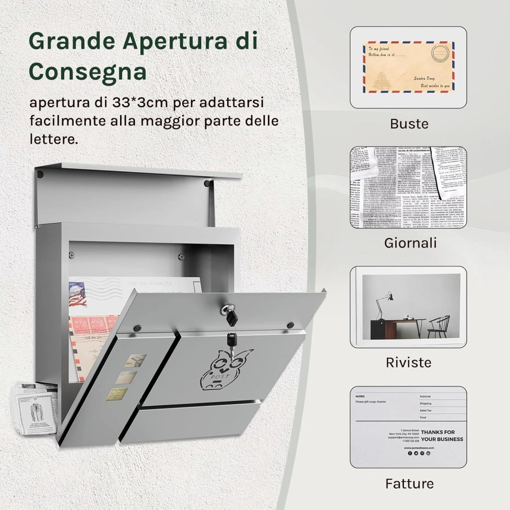 Cassetta per Lettere, con Serratura, Finestre di Visualizzazione, Fessura 33,8x3 cm, Coperchio Incernierato, Scomparto per Giornali, 37x10,5x37 cm, Grigio