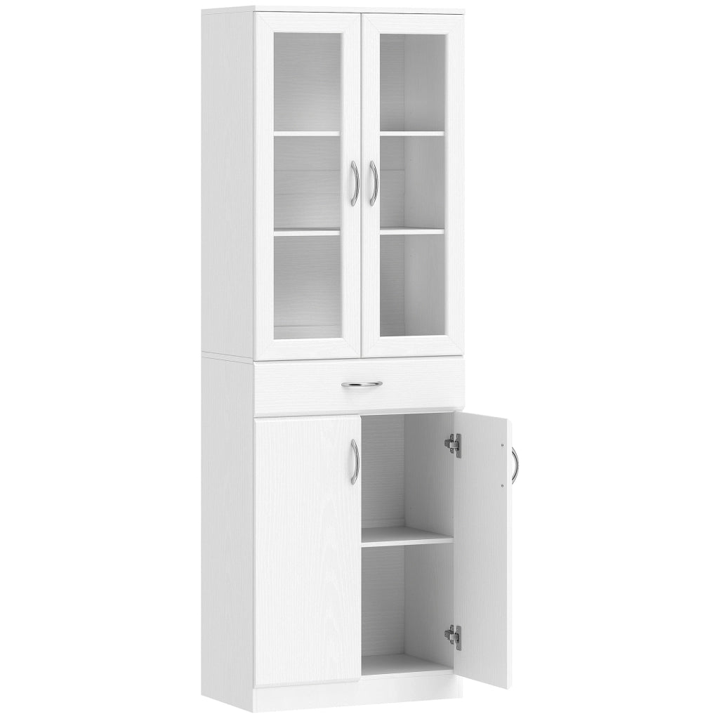 Credenza Cucina 60x35x180 cm con 2 Armadietti e un Cassetto Mensole Regolabili e Ante in Vetro in Legno Bianco