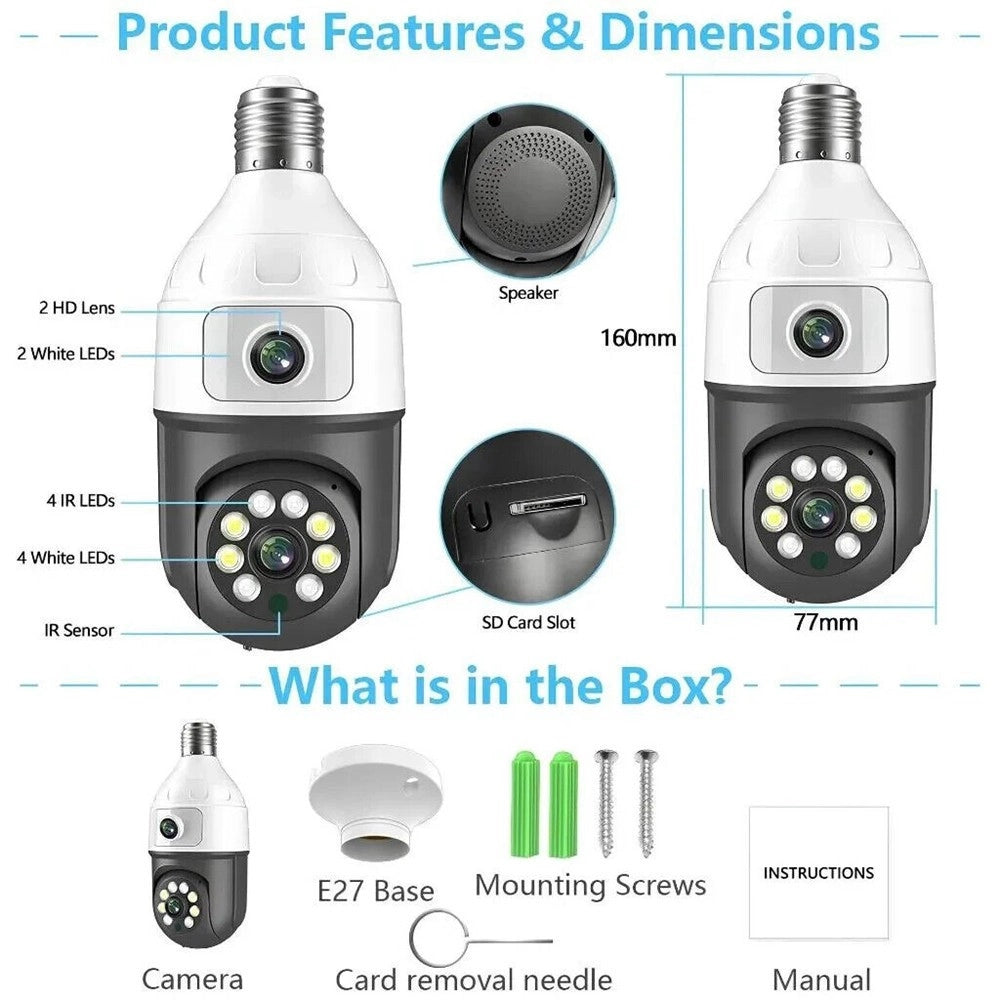 Trade Shop - Telecamera Wifi Da Interno Esterno 5 Mp Videocamera Lampadina Con Doppia Lente -