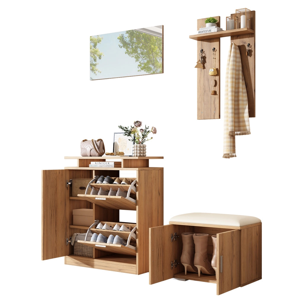 Set guardaroba da ingresso con panca, scarpiera, specchio e 4 ganci, finitura naturale, 140¡Á35¡Á133 cm