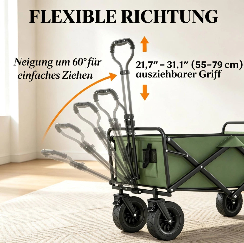 Carrello da giardino pieghevole verde con freni e manico regolabile