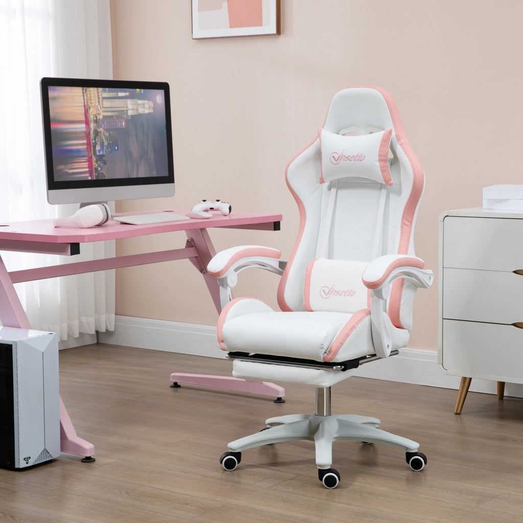 Sedia da Gaming con Altezza Regolabile e Schienale Reclinabile 135°, 65x65x121-129 cm, Bianco e Rosa