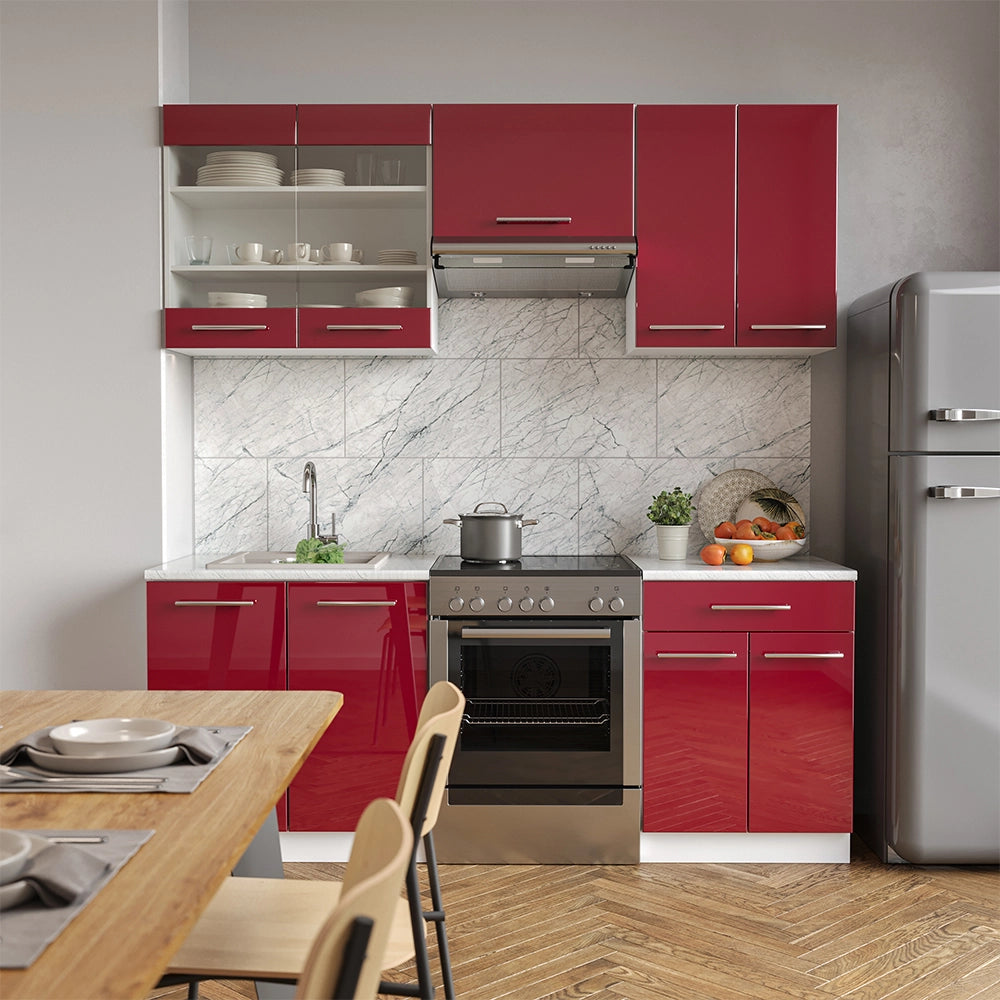 Cucina componibile Fame-Line Bordeaux lucido/Bianco 200 cm, PL Marmo Vicco
