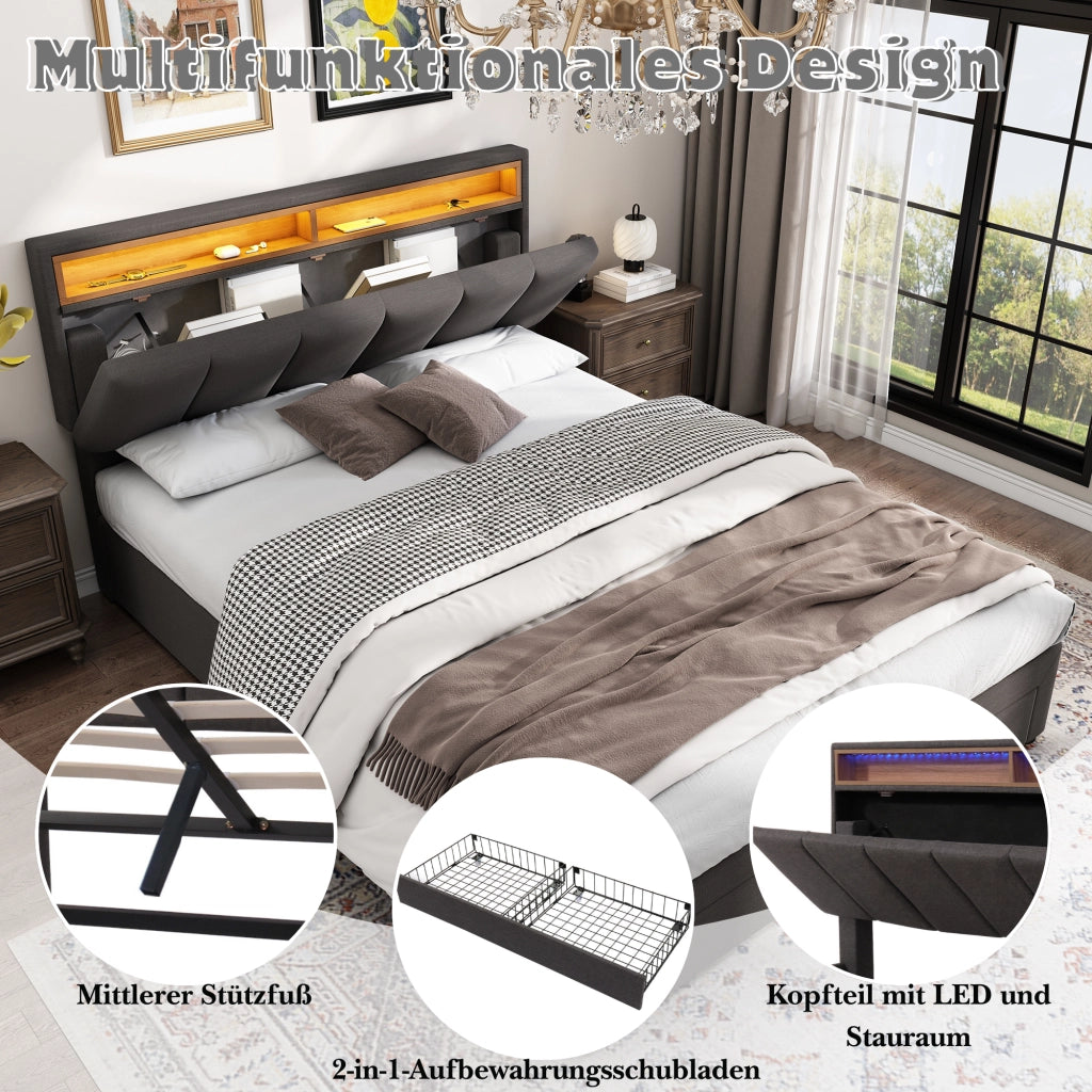 OKWISH Letto Contenitore 140×200 cm, Letto Matrimoniale con LED Regolabile, Vano Contenitore e Cassetti e Scomparti, senza Materasso, Lino, Grigio