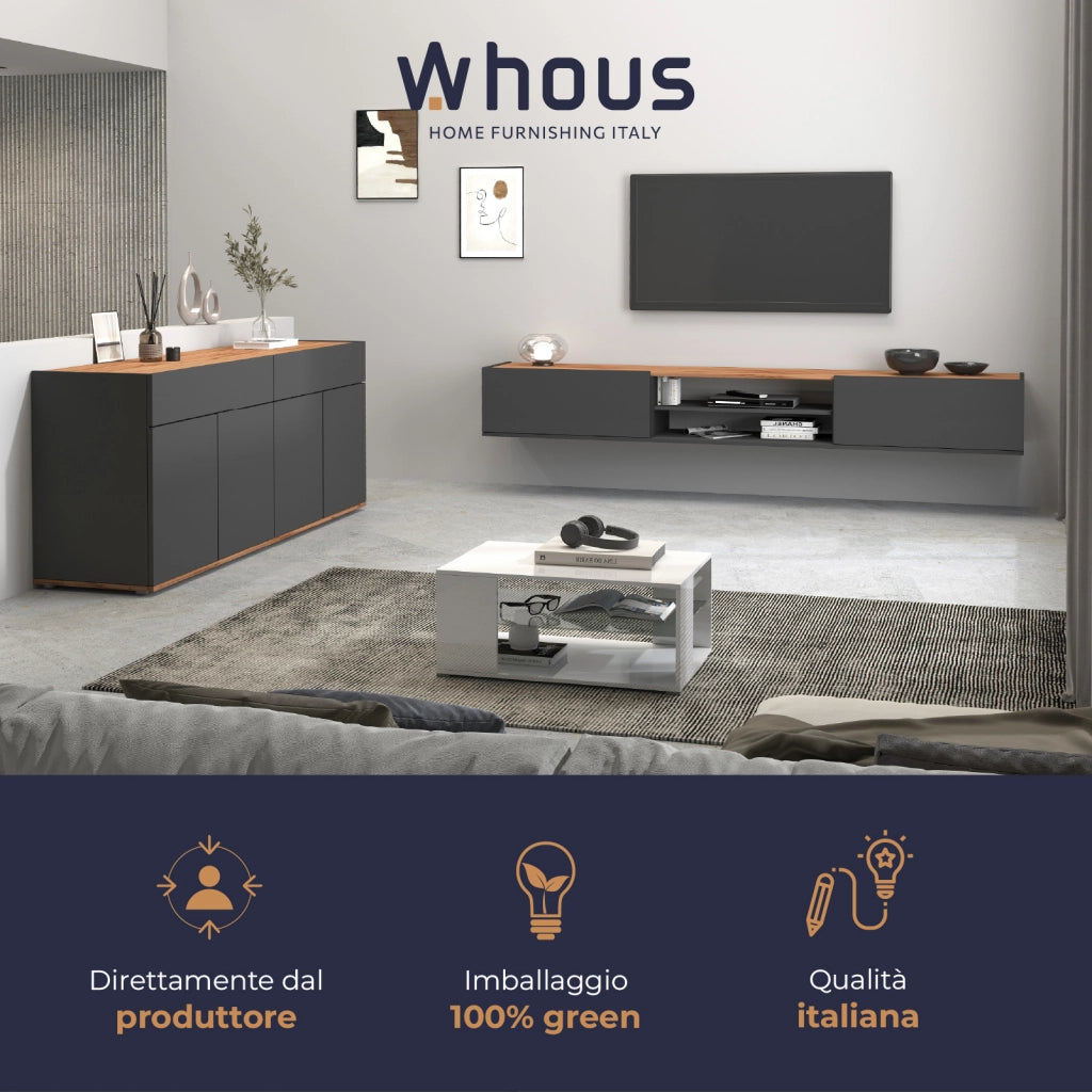 WHOUS Credenza Garda 4 ante e 2 cassetti antracite opaco e rovere 160,1x35x70 cm