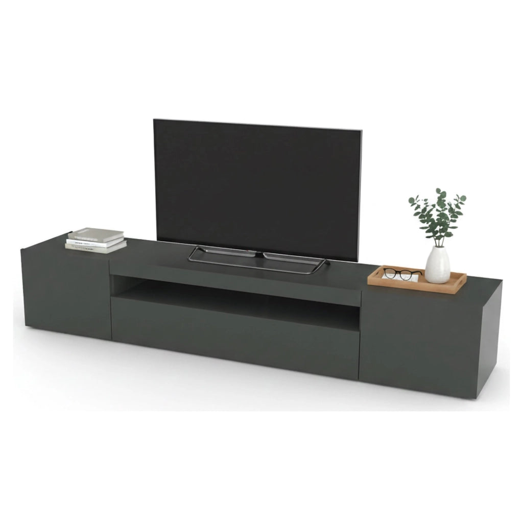 Mobile da soggiorno Porta Amore, Made in Italy, Supporto per Amore da salotto a 3 ante e ripiani, cm 200x40h37, Antracite lucido