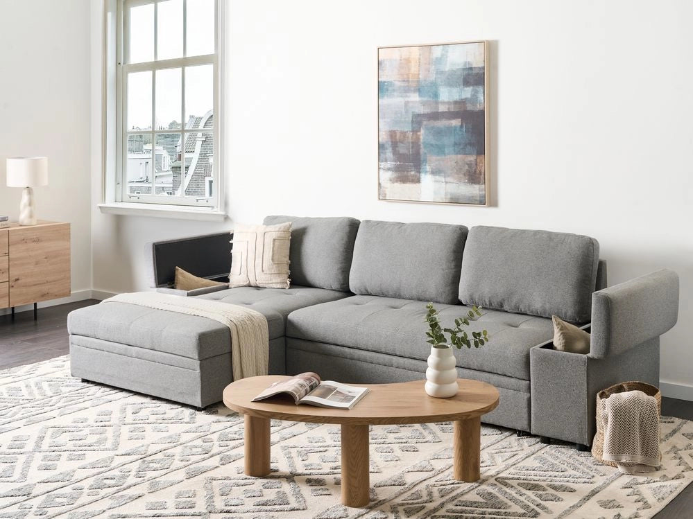 Divano letto angolare Grigio in tessuto imbottito Orientamento a destra con letto contenitore