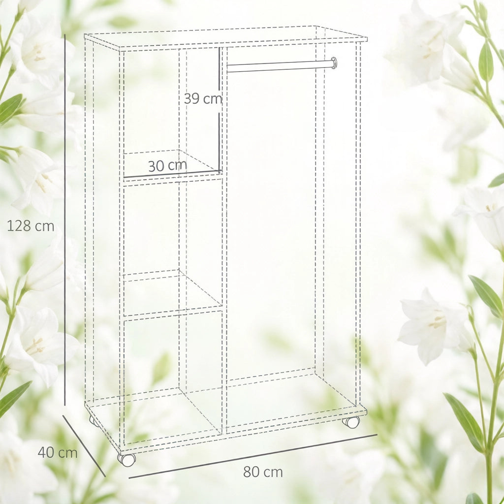Armadio aperto con asta e 3 ripiani su ruote per camera da letto, in truciolare e alluminio, noce, 80 × 40 × 128 cm
