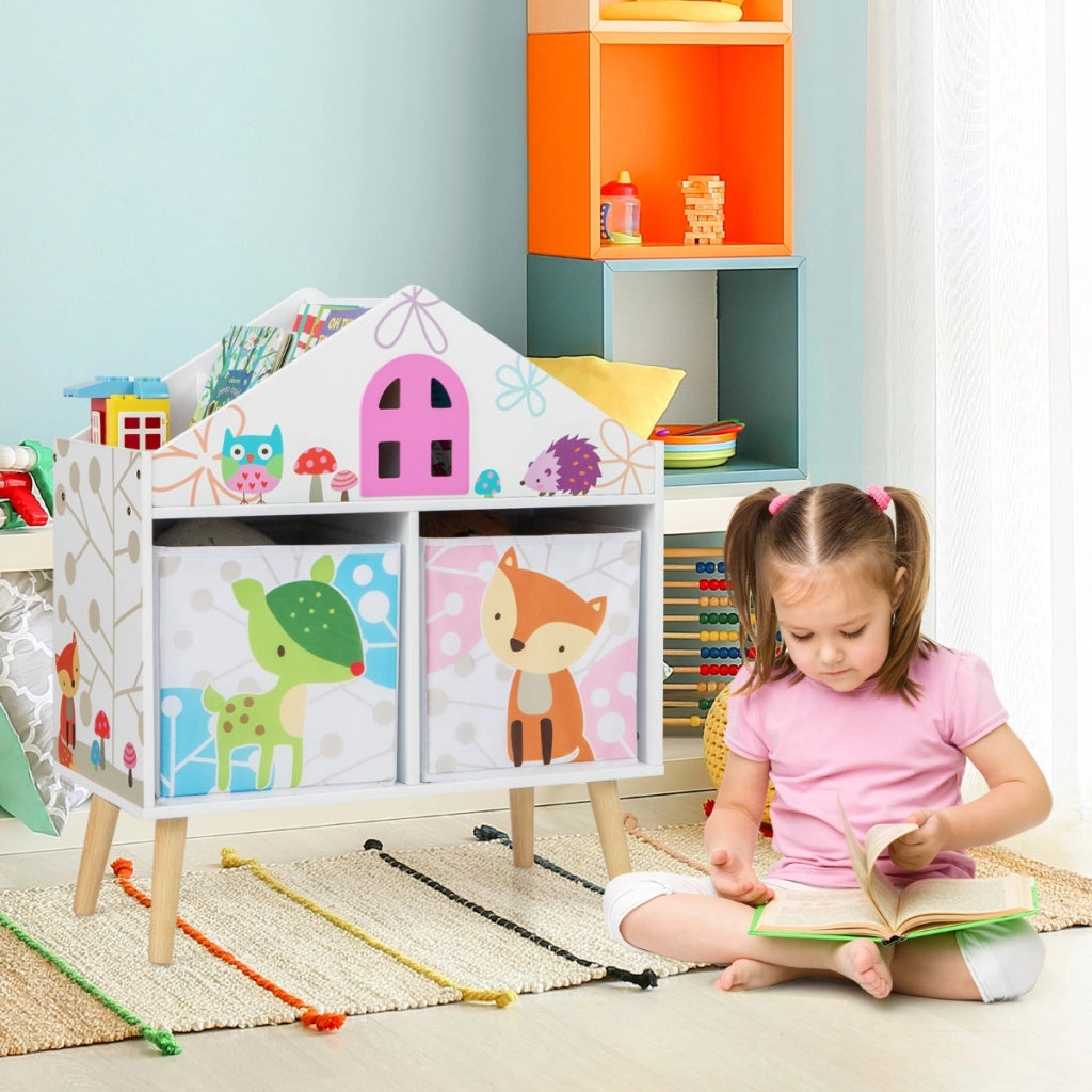 Libreria a forma di casa per bambini-Scaffale libreria in legno con 2 contenitori rimovibili gambe in legno massello Bianco