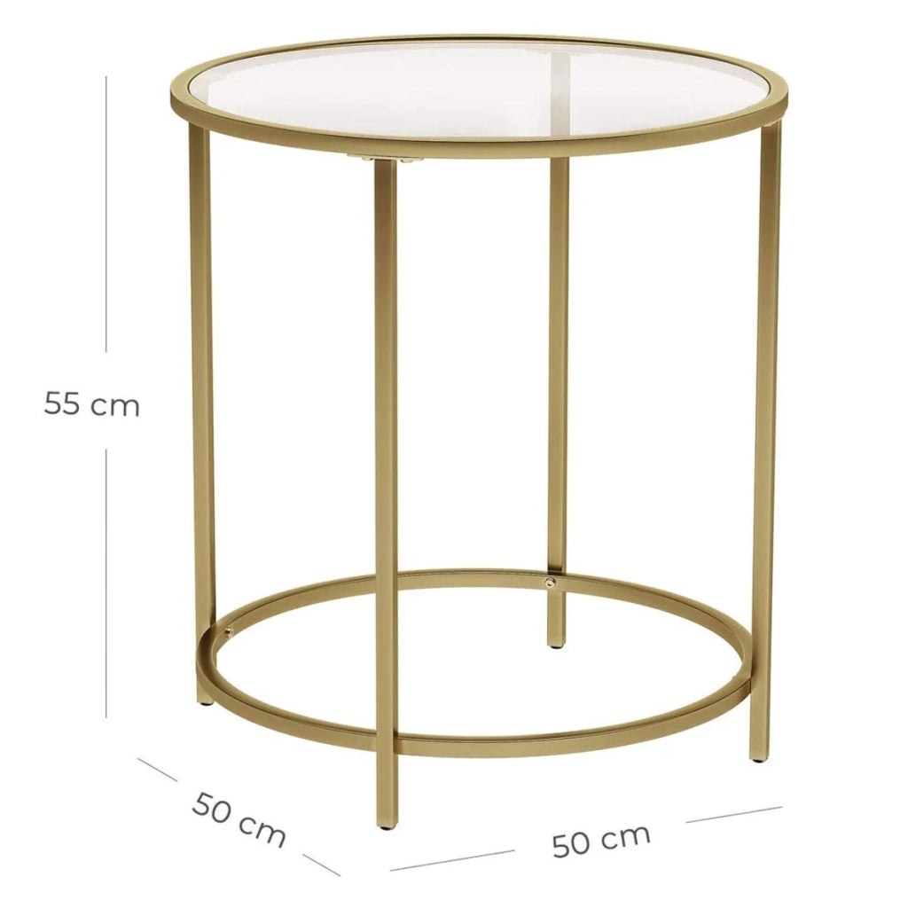 Tavolino rotondo con piano in vetro temperato 50 x 50 x 55 cm struttura in metallo dorato tavolino consolle comodino tavolo da soggiorno/balcone robusto e stabile oro decorativo 12_0007566