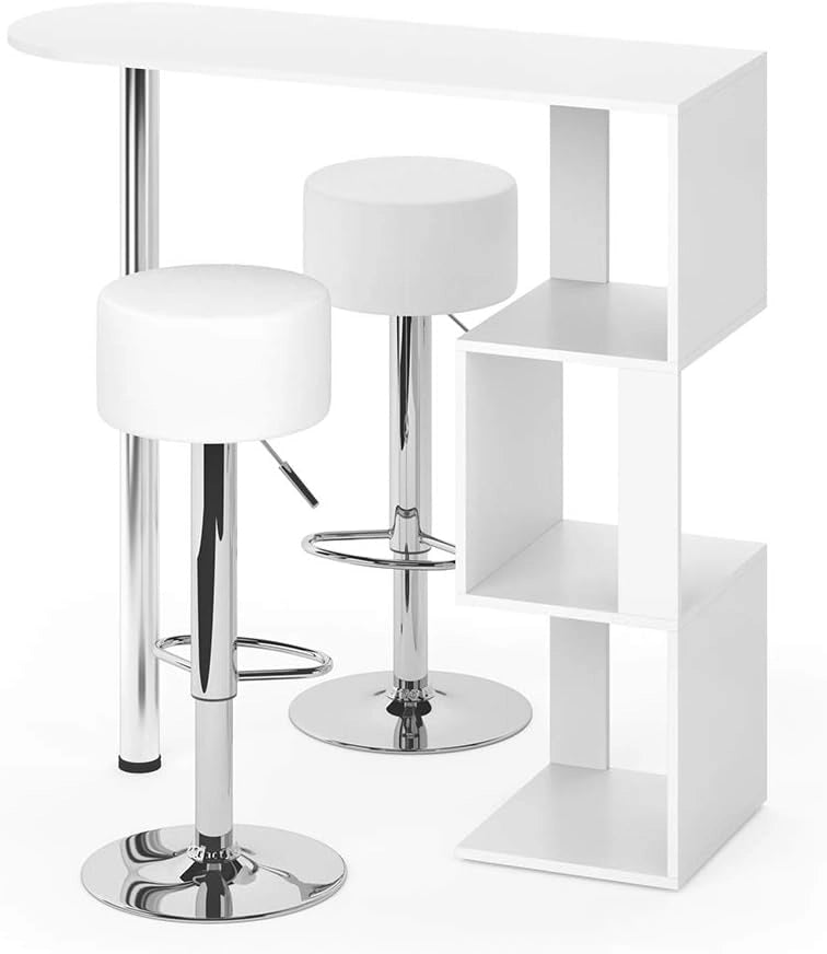 Set di tavoli da bar Vincent, Bianco, 113 x 39.8 cm con 2 sgabelli da bar, per l'utilizzo come tavolo alto con ripiani laterali
