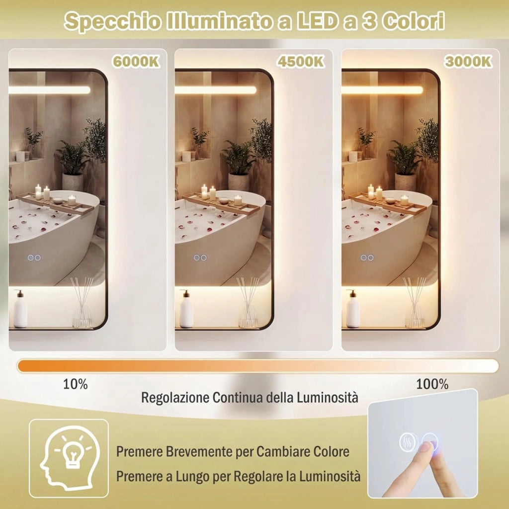 Specchio da Bagno LED 80 x 60 cm con Mensola, Specchio da Trucco con Cornice in Alluminio, Funzione Antiappannamento, 3 Colori di Luce e Luminosità Regolabile, Specchio da Parete