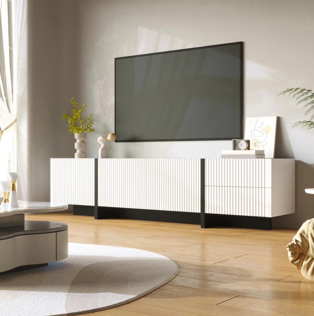 Mobile TV 190 cm con 3 Ante e 2 Cassetti, MDF Bianco e Nero