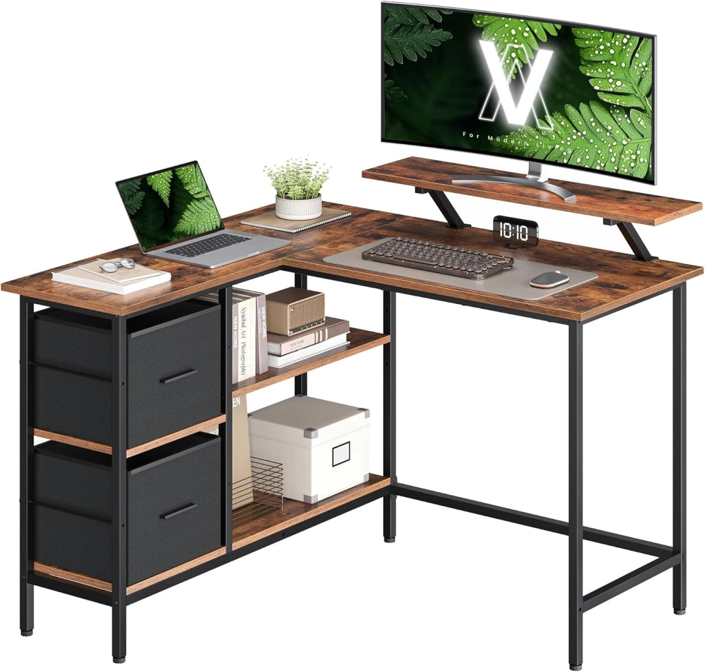 VASAGLE Scrivania per Computer a L, Scrivania ad Angolo con 2 Cassetti Spaziosi e Supporto per Monitor, Ripiano Regolabile, per Ufficio Studio, Nero Ebano LWD098B56