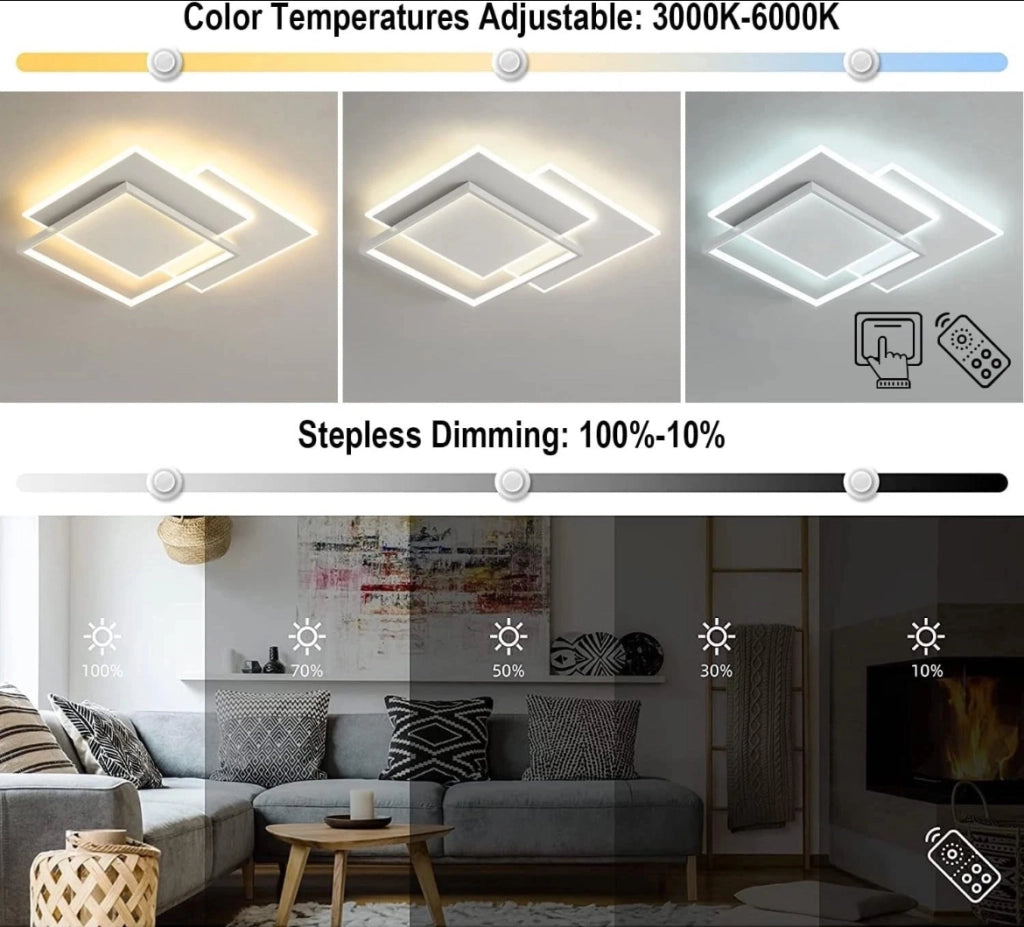 Plafoniera LED Moderna 64W con App Bluetooth e Telecomando – Dimmerabile 3000-6500K, Design 3 Quadrati 47×47cm 5888lm per Casa Camera e Ufficio