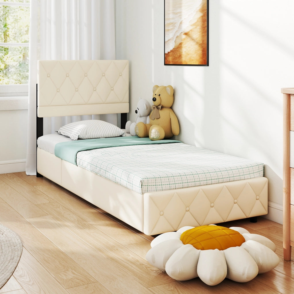Letto imbottito singolo 90 × 190 cm con rete a doghe in velluto beige, struttura stabile e montaggio facile