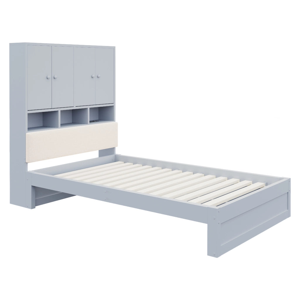 Letto in legno 90 x 200 cm, testiera imbottita, con vano portaoggetti, illuminazione a LED, presa di corrente, 2 cassetti, grigio